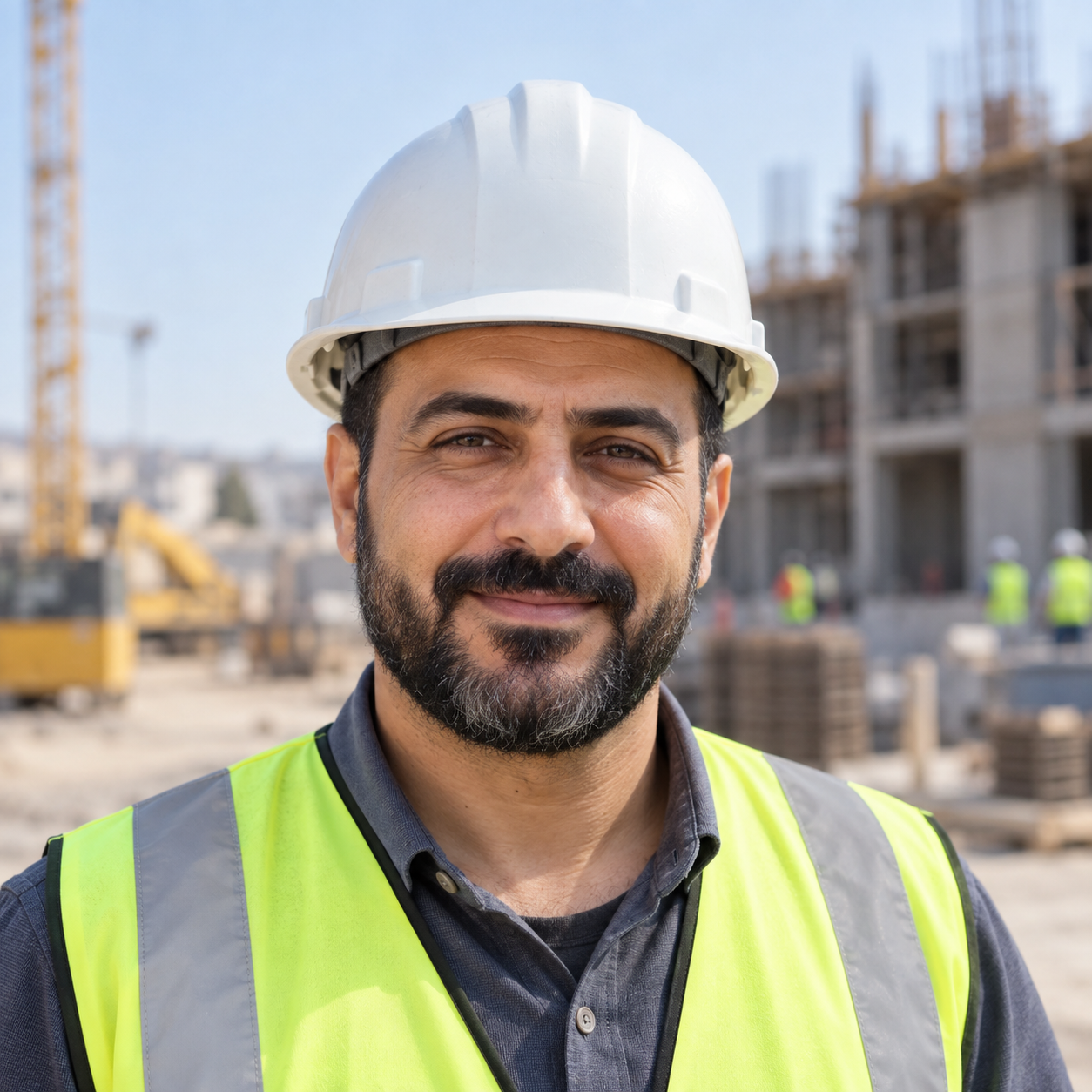 Omar Al-Mansour wearing a construction hard hat